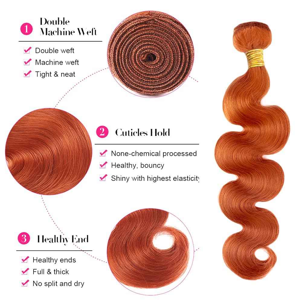 #350 Ginger Orange Bundles Human Hair Body Wave Bundles 22 24 26 Inch Unprocessed Brazilian Virgin Remy Hair 3 Bundle Orange Body Wave Human Hair Extensions 50 Gram Per Bundle