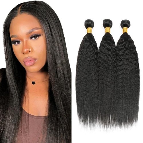 Habiliana Human Hair Bundles 18 20 22 Inch Natural Black Yaki Wave Bundles Human Hair 100% Unprocessed Soft Sewn In with Double Drown Weft for Black Women