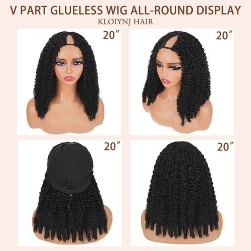 V Part Burmese Curly Wig Human Hair 200% Density Upgrade U Part Wig with Drawstring No Leave Out Glueless V Shape Full Head Clip In Half Wig Curly Human Hair Wig for Black Women Natural Color 18 Inch