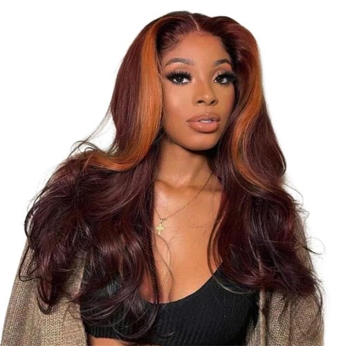 Rina Ginger Skunk Stripe Wig Human Hair Reddish Brown With Ginger Orange Body Wave 13x4 HD Lace Front Wigs 180% Density Autumn Brown with Highlight Ginger Colored Human Hair Wig 20 Inch