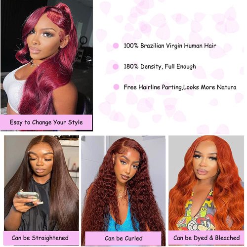 Ylleis 99J Burgundy Wine Red Color Body Wave 13x4 HD Lace Front Glueless Wigs Human Hair Pre Plucked Bleached Knots with Baby Hair Wigs Brazilian Human Hair Natural Hairline Wigs for Women(18Inch)