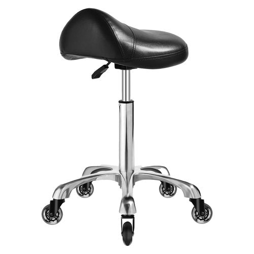 Ergonomic Saddle Stool with wheels - Upgraded Thicker Leather Seat Cushion, Healthy Posture Correction, Silky Smooth Gliding, Adjustable Rolling Saddle Stool Chair for Salon Medical Massage, Black