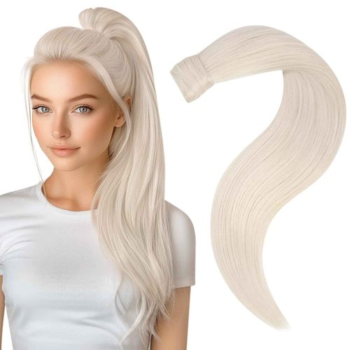 Easyouth Ponytail Hair Extensions Blonde Wrap Around Ponytail Extension White Blonde 18 Inch Hair Extensions Ponytail Easy to Apply and Remove 80g Blonde Ponytail Extension