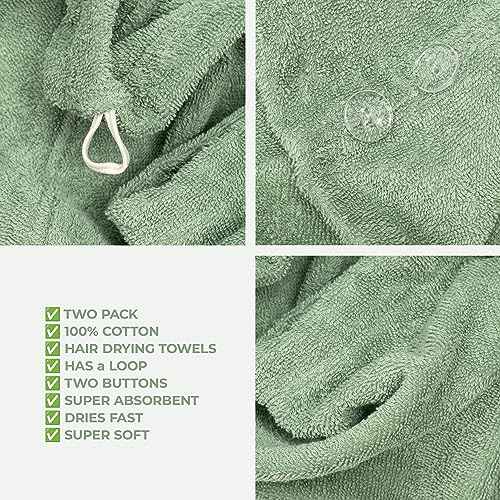 American Soft Linen 100% Cotton Hair Towels for Women, Head Towel Cap, Cotton Hair Turban Towel Wrap for Long Curly Anti Frizz Hair, Soft and Absorbent Cotton Hair Towels 2 Pack, Sage Green