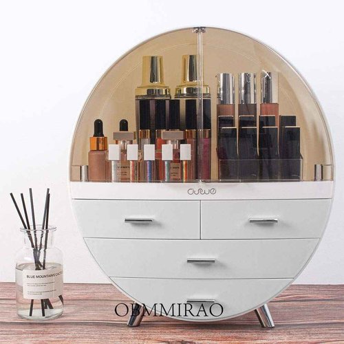 OBMMIRAO Elegant Dustproof Makeup Storage Organizer Box, Waterproof Large Cosmetics Organizer Storage with Drawers Skincare Cosmetic Display Cases for Countertop Bathroom Dresser Dedroom