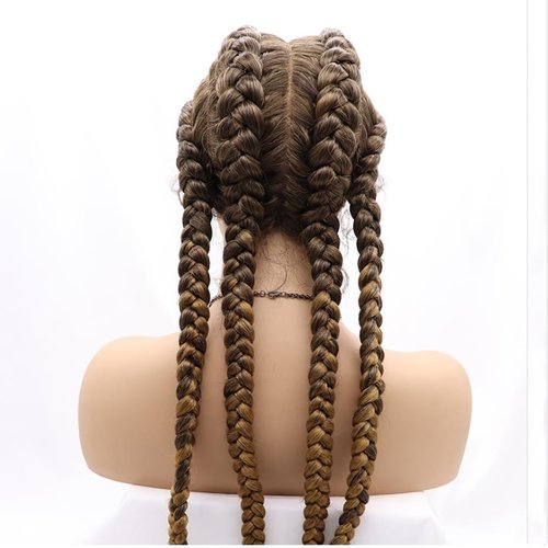 xiweiya 36”Long Blonde Brown Braided Wig 100% Hand Braided Brown Twisted Braids 360 Swiss Lace Front Wig Light Brown Double Dutch Braided Wigs with Baby Hairs for Women