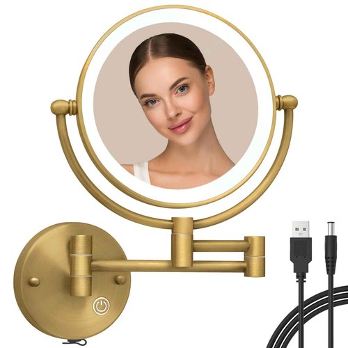 RECKODOR Brass Wall Mounted Makeup Mirror with Lights and Magnification, Rechargeable Lighted Magnifying Mirror Wall Mount with 1X and 5X, Brushed Antique Brass Bathroom Arts Ware