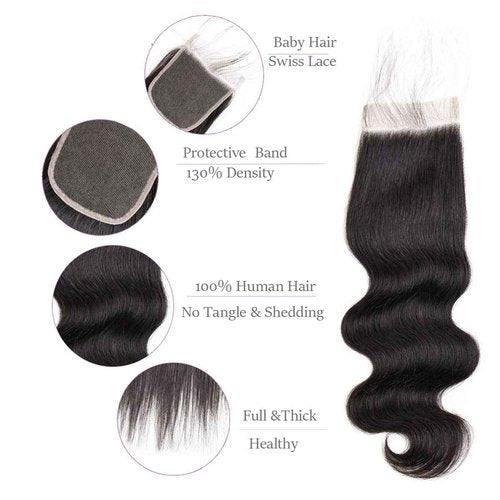Beauhair Body Wave Human Hair Bundles with Closure 18 20 22 with 18"Closure 8A Brazilian 100% Unprocessed Brazilian Virgin Hair Body Wave 3 Bundles with Free Part 4X4 Lace Closure Natural Color