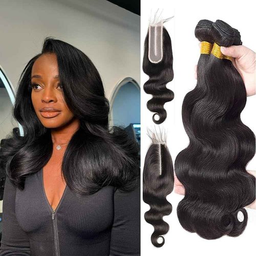 Body Wave Bundles Human Hair With 2X6 Closure (16 18 20+14 Inch) Natural Black 12A Brazilian Human Hair Bundles With Hd Lace Closure