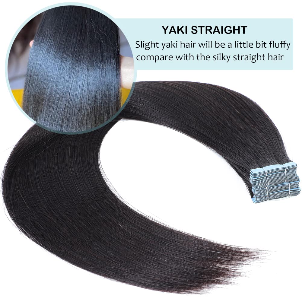 40 PCS Tape in Hair Extensions Human Hair Black Women Yaki Straight Tape in Extensions Human Hair 16 Inch Light Yaki Invisible Skin Weft Double Sided Tape Remy Hair Extensions Natural Black Color