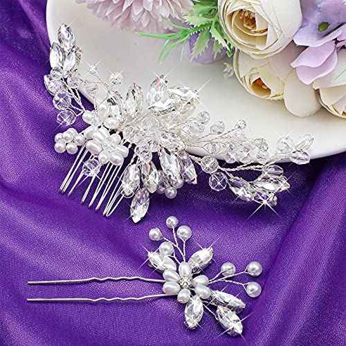 Yeshone 5 Pieces Wedding Hair Comb Bridal Pins Crystal Pearl Wedding Hair Accessories Rhinestone Flower Piece for Bride Bridesmaids Women(Silver)