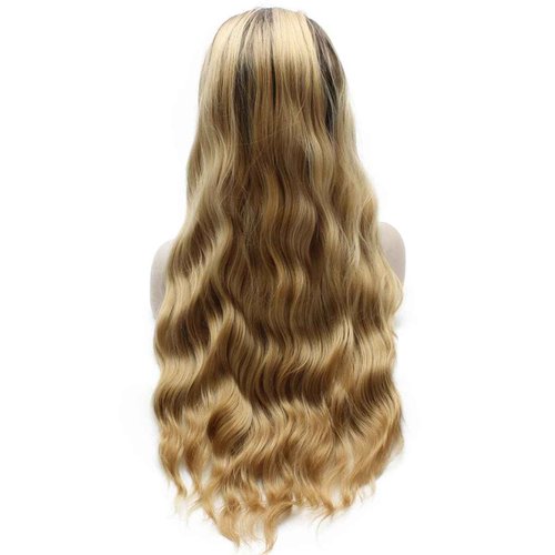 MX angel Long Wavy Blonde Ombre Synthetic Lace Front Two Tone Half Hand Tied Heat Resistant Fiber Hair Wig