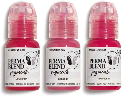 Perma Blend Lip Set - Pink Tattoo Ink Set for Permanent Makeup - Tattoo Supplies for Lip Blush Microblading - Includes Raspberry, Lush & Bazooka Pink Tattoo Ink Pigment - Vegan (0.5 oz Each)