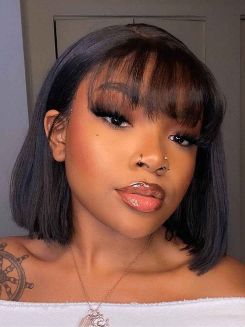 UNICE 14 Inch Yaki Straight Glueless Bob Wig Human Hair with Bangs 2x4 HD Lace Short Black Ready to Wear Blunt Cut Bob Wigs Natural Looking 180% Density