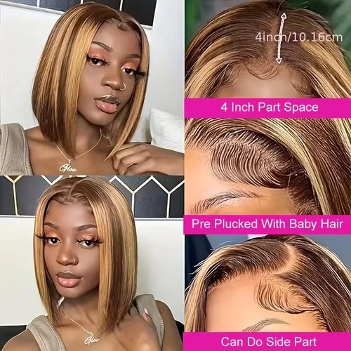 mianduan Highlight Bob Wigs Human Hair 13x4 Frontal Lace Wig 4/27 Honey Blonde Bob Wigs 14inch Glueless Wigs Human Hair pre plucked pre cut 180% Density 12A Short Wigs for Women Human Hair