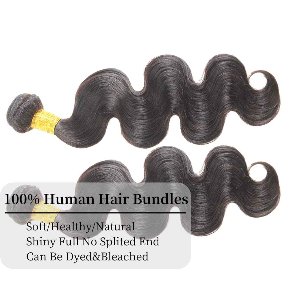 Huarisi 10A Brazilian Body Wave Human Hair Bundles, 24-26 Inch, 100% Unprocessed Virgin, 2 Bundles for Women, Natural Black, Sew-In Installation