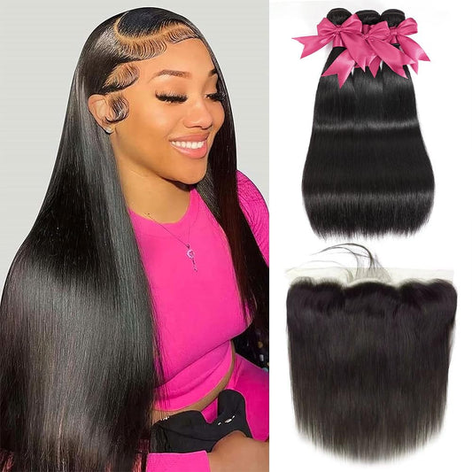 12A Straight Bundles with Frontal Human Hair 20 22 24 with 18 Inch Brazilian Human Hair Bundles with Closure 100% Unprocessed Virgin Hair Weave Bundles with 13x4 HD Lace Frontal