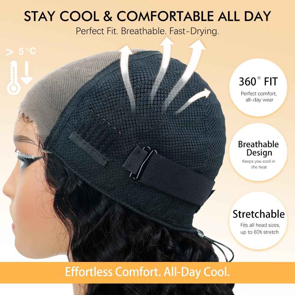 Goulus 7x6 Deep Wave Glueless Wigs Human Hair Pre Plucked Pre Cut 250% Density Drawstring Wig Human Hair Wear and Go Glueless Wigs for Black Women Natural Color #1B 16 Inch