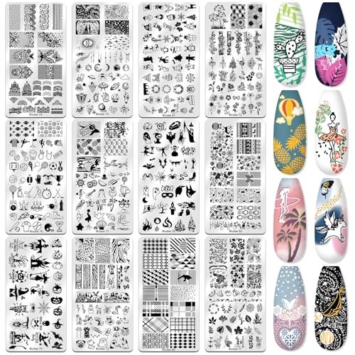 Biutee Nail Stamper Kit 22Pcs Gel Nail Stamping Kit 12Pcs Nail Stamping Plates 8Pcs Gel Stamping Polish, Silicone Stamper Scraper Flower Lace Holiday Stamp Template Christmas Gift for Women