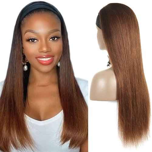 1B30 Straight Headband Wig Ombre Brown Human Hair Headband Wig 130% Density Grade 8A Brazilian Remy Hair Machine Made Wigs Dark Brown Color 20 Inch