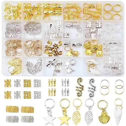 206 Pieces Beads for Hair Braids, Dreadlock Jewelry, Hair Jewelry for Braids, Metal Gold and Silver Braid Rings, Cuffs and Clips for Men Women Dreadlock Accessories