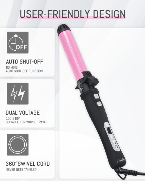 [Upgraded] AmoVee Rotating Curling Iron, 1.25 Inch Auto Ceramic Curling Iron, Adjustable Temps 180 °F to 410 °F, Dual Voltage, A Valentines Day Gifts for Her (Long Clip)
