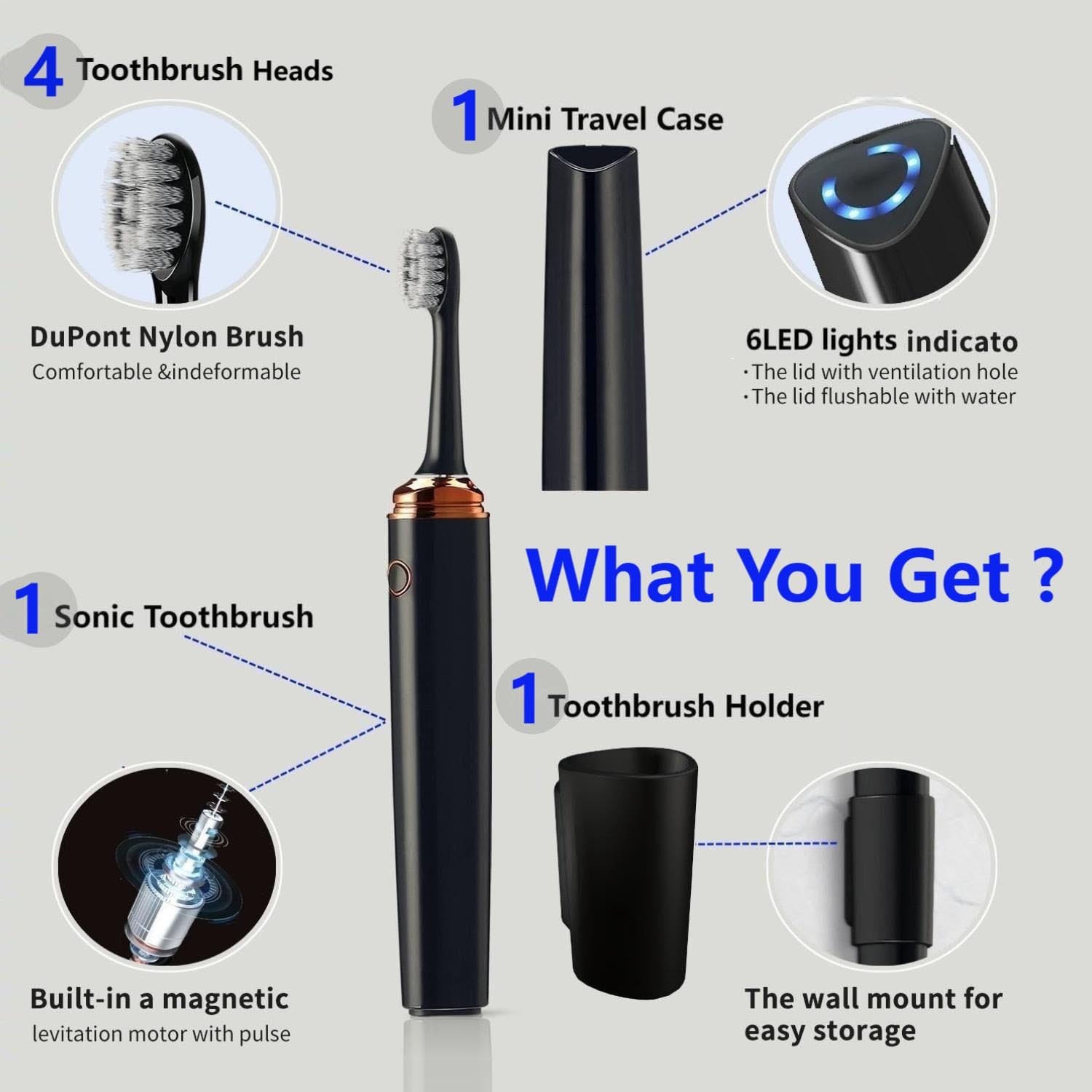 Generic JDHAVMOS Sonic Toothbrush-Rechargeable, Ultra Whitening 40,000 VPM Powerful Electric Toothbrush and Cleaning Station,Black(Pack of 4Brush Heads &1Travel Case &Toothbrush Holder)