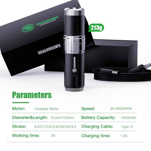 Dragonhawk Wireless Tattoo Gun Kit - Pro Rotary Tattoo Machine with 7 Strokes Length 20 Cartridges Needles Practice Skin Black Tattoo Inks for Beginners