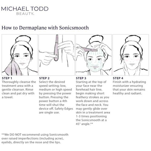Michael Todd Beauty - Sonicsmooth – SONIC Technology Dermaplaning Tool - 2 in 1 Women’s Facial Exfoliation & Peach Fuzz Hair Removal System with 8 Weeks of Dermaplaning Blades