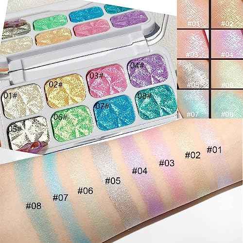 8-Color Highlighter & Contour Palette - Shimmer, Glitter, Iridescent Multichrome Holographic Eyeshadow for Face & Cheek, Purple Rainbow Highlight Makeup