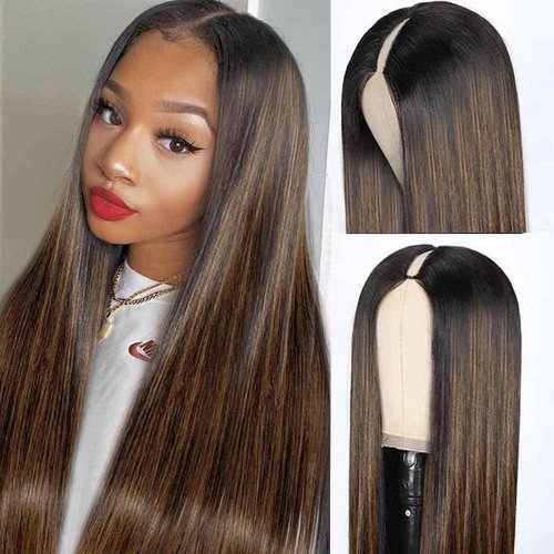 Legendhair Glueless #FB30 Ombre V Part Wigs Human Hair Balayage Brown Straight Human Hair Wigs for Black Women Highlight Upgrade U Part Wig Full Head Clip In Half Wig No Leave Out 180% Density 20 Inch