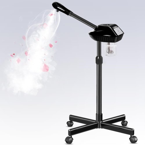 Professional Facial Steamer with More Steam for Deep Cleansing and Hydration, Face Steamer on Wheels with Time Setting, Estheticians Steamer Adjustable Height for Beauty, Spa and Home Use（Black）
