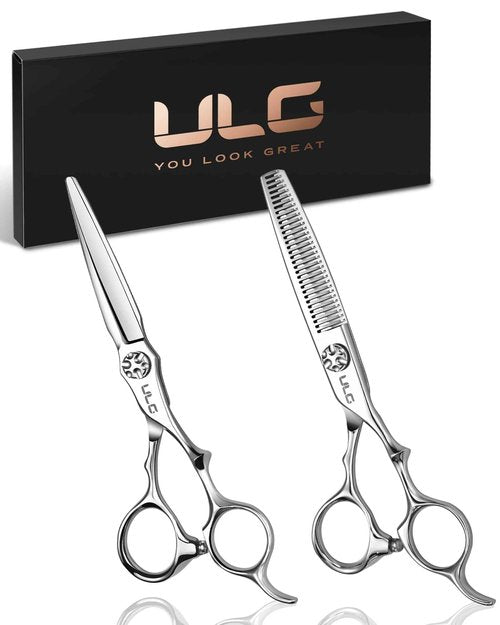 ULG Hair Cutting Shears & Thinning Scissors Kit, Japanese 440C Stainless Steel, Professional Barber Scissors Set for Home and Salon, 6.7-Inch 2.2oz Lightweight, Ergonomic Offset Handles