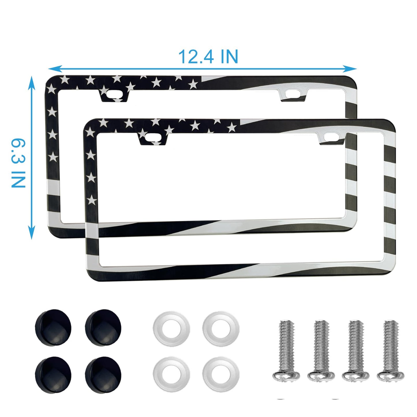 2PCS Premium American Flag License Plate Frame, Black License Plate Frames, 2 Holes Solid Stainless Steel License Plate Holder, Universal Car License Plate Frame for USA Flag, by Lengnoyp