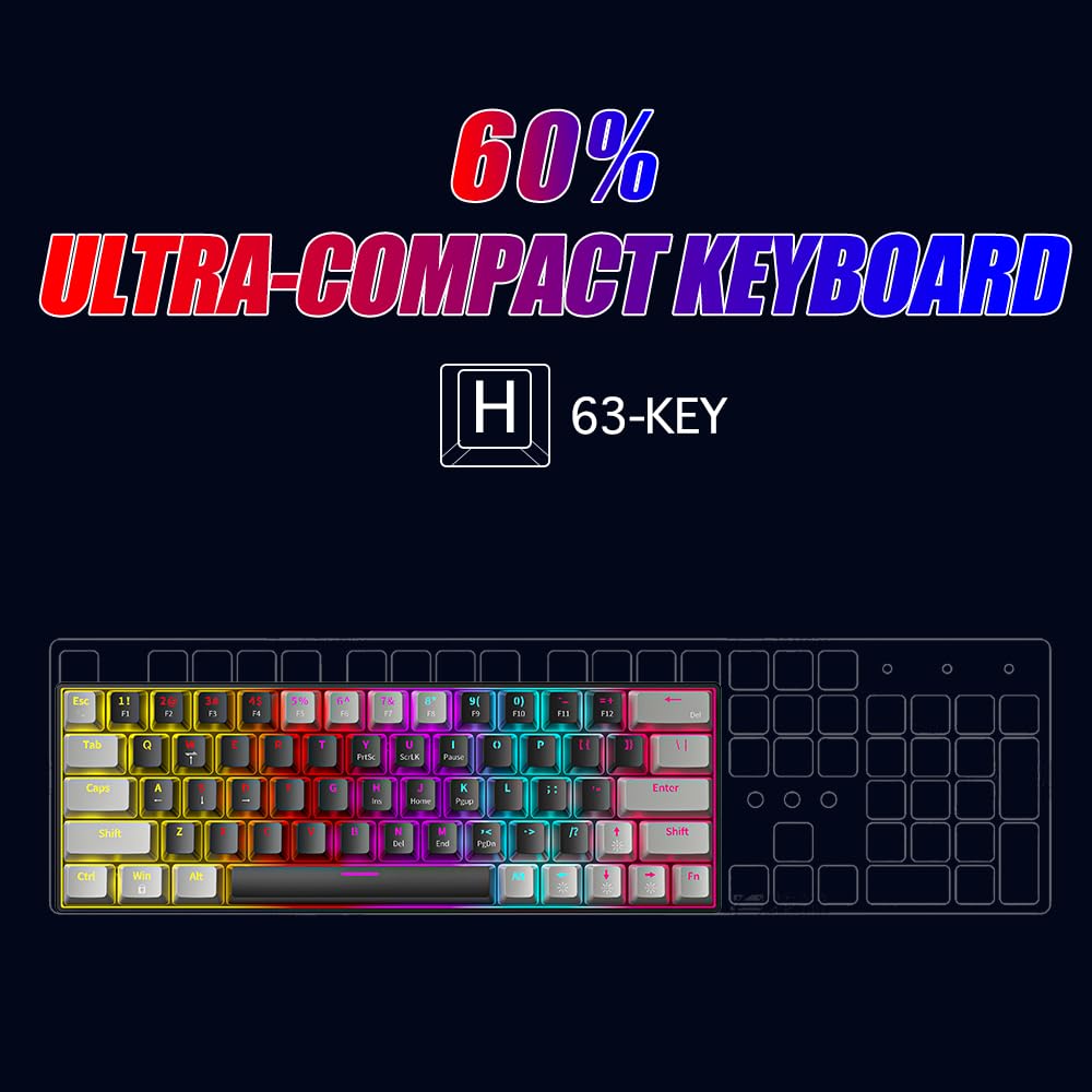 abucow Mechanical Keyboard Wired Swappable Gaming Keyboard with Colorful Backlit Custom 63 Keys (Black-Gray)
