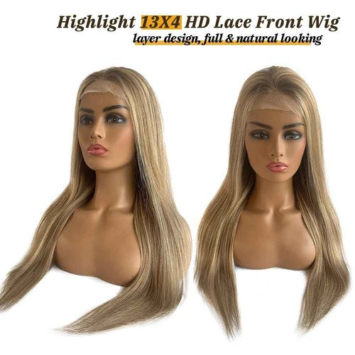 13x4 Transparent Brown Ombre Lace Front Wig Human Hair for Women,Highlight Ash Brown to Blonde Lace Front Wigs Glueless Straight Soft Brazilian Human Hair Pre Plucked Hairline with Baby Hair(#8/18/60)