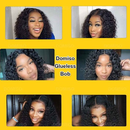 Domiso Glueless Wear and Go Bob Wig Deep Wave Bob Wigs Lace Front Wigs Human Hair Lace Pre Cut Hairline Pre Plucked No Glue Lace Wig Natural Black 12 Inch