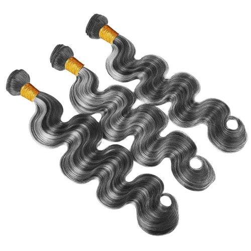 Fridnae Hair 26-30 Inch Highlight Bundles - P1B Grey Body Wave Human Hair - Two Tone Black & Silver Ombre - Grey Body Wave