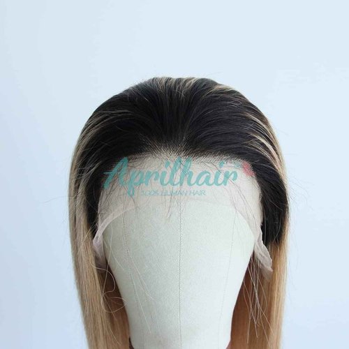 Aprilhair Pre-plucked Ombre #1B/27 Dark Root Honey Blonde Ear To Ear Lace Front Wigs Straight Glueless 150% Density Brazilian Virgin Human Hair With Baby Hair Full (16" inch, Lace Front Wig Straight)