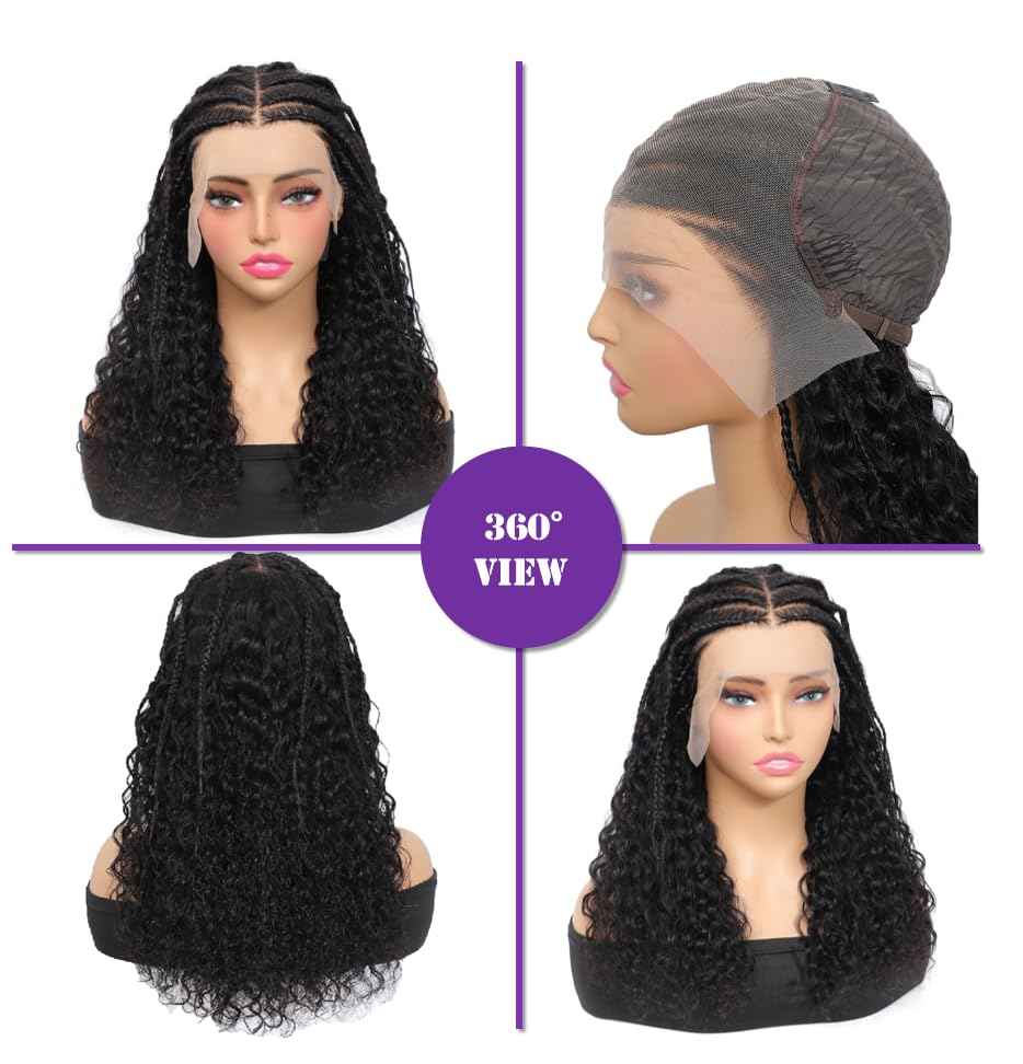 13X6 Braided Lace Front Wigs Human Hair Ready to Go Curly Wave Wigs for Black Women Pre Plucked Natural Hairline Deep Curly HD 180% Density Bob Wig Knotless Box Braids Wigs(braided wig, 16inch)