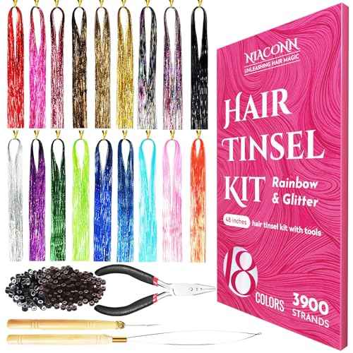 NIACONN Glitter Hair Tinsel Extensions Kit 18 Colors with Tools and Beads, 48 Inch Sparkly Fairy Colorful Tensile Strands Shiny Hair Accessories for Women Girls Kids