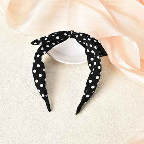 Kilener Polka Dot Hairband Knotted Bow Headband for Women with Rabbit Ears Black Non Slip Headband for Girls Hair Band