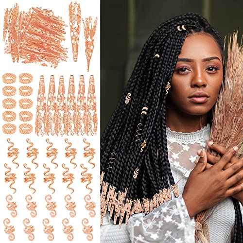 130 Pieces Locs Hair Jewelry for Women Goddess Dreadlocks Accessories kit Faux Locs Beads,Braids Hair Cuffs Decoration Charms (Rose Golden)