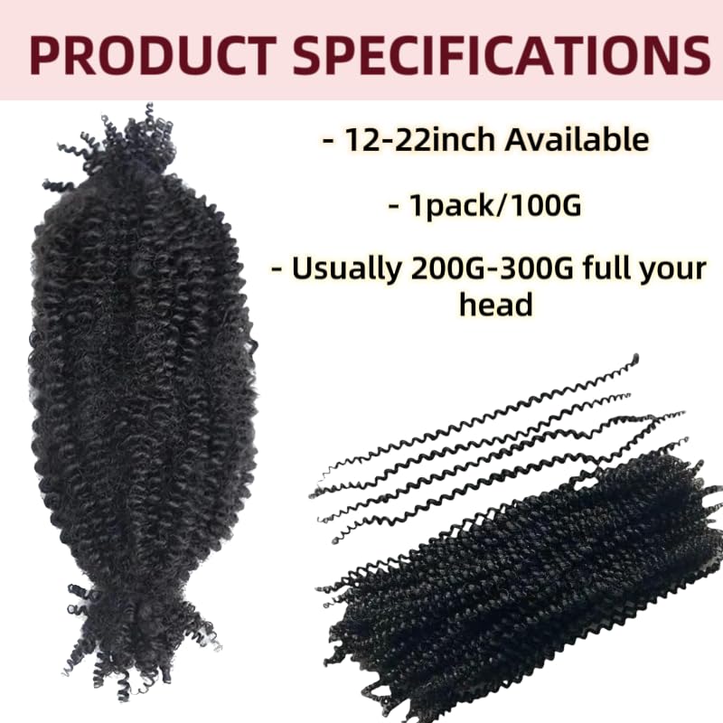 Human Hair Springy Twist Hair Extensions Afro Kinky Bulk Hair 100% Human Hair Twist Crochet Braiding Hair Springy Afro Twist Hair Extensions Natural Color For Black Women 22 Inch 100g