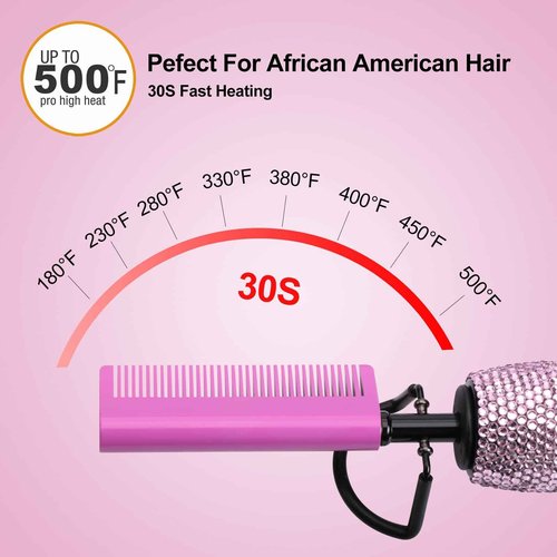 LURA Pink 180-500°F Hot Comb Electric for Wigs,Straightening Comb for African American Hair,Pressing Combs,Bling Diamonds Hair Straightener Brush for Women