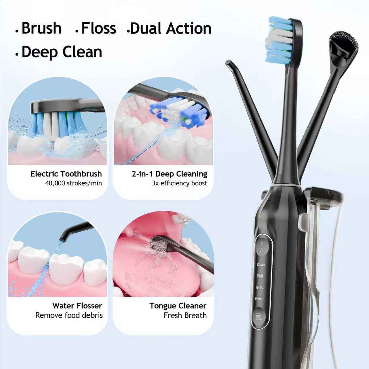 Pinkart 3 in 1 Electric Toothbrush with Water Flosser Combo for Adults, Toothbrush Flosser Combo in One, 8 Brush Heads, Flosser Tip, 180ML Water Tank, Rechargeable Portable Oral Irrigator (Black)