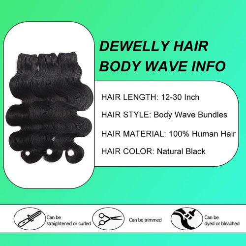 Dewelly 12A Human Hair Bundles Body Wave 3 Bundles Human Hair 16 18 20 Inch 100% Unprocessed Brazilian Virgin Real Human Hair Bundles Deals Quick Weave Hair Extension Natural Black Color