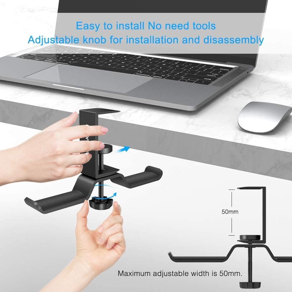 aceyoon Under Desk Headphone Hanger, Aluminum Headphone Stand,Headset Holder Space-Saving for Bag/Backpack/Gaming Headphone, Black