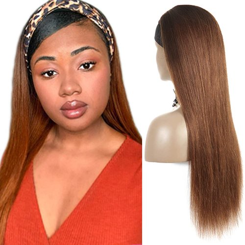 Ombre 1B30 Straight Headband Wig Brown Human Hair Wig Dark Root 130% Density Brazilian Virgin Hair Machine Made Wigs for Women Dark Brown Color 22 Inch