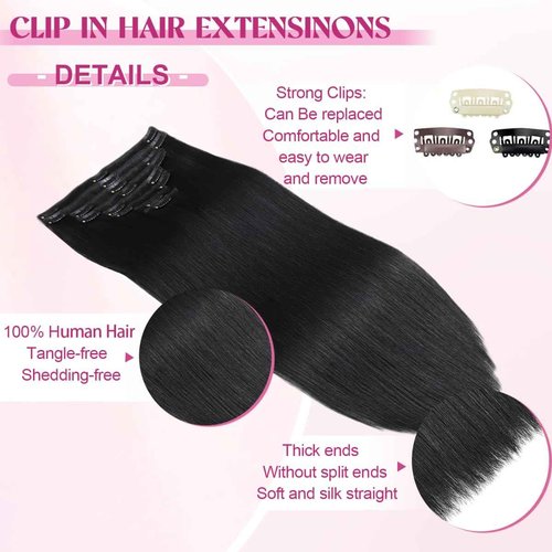 POGINJA Clip in Hair Extensions Real Human Hair, Remy Human Hair Extensions Clip ins for Women, 100% Natural Human Hair, Double Weftm, 24inch 120g 8Pcs, #1 Jet Black